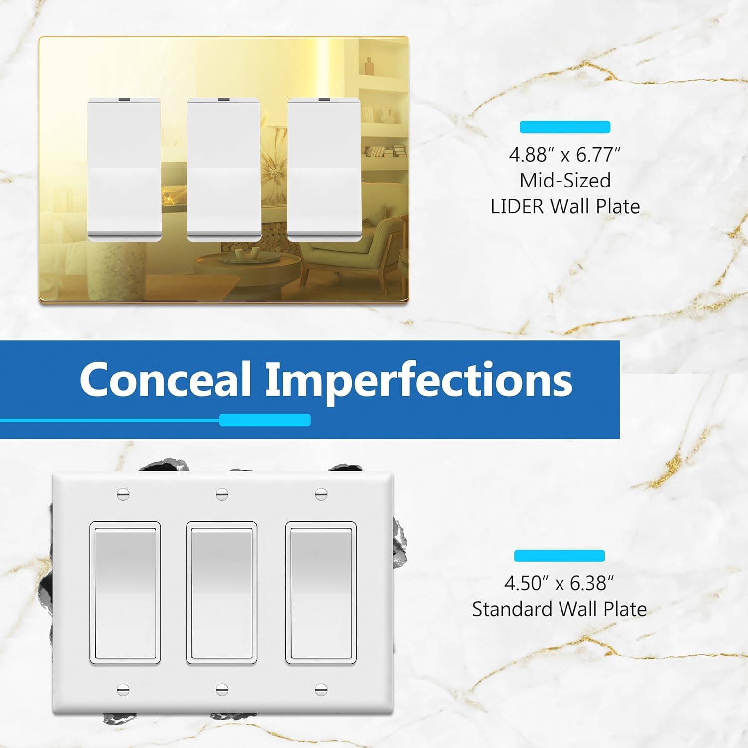 LIDER Triple Decorator Wall Plate, Impact Resistant, Mirrored Acrylic, Plexiglass, Reflective Finish, Modern Upgrade, Screwless Light Switch/Outlet Cover, Mid-Size 3-Gang 4.88" x 6.77" Gold