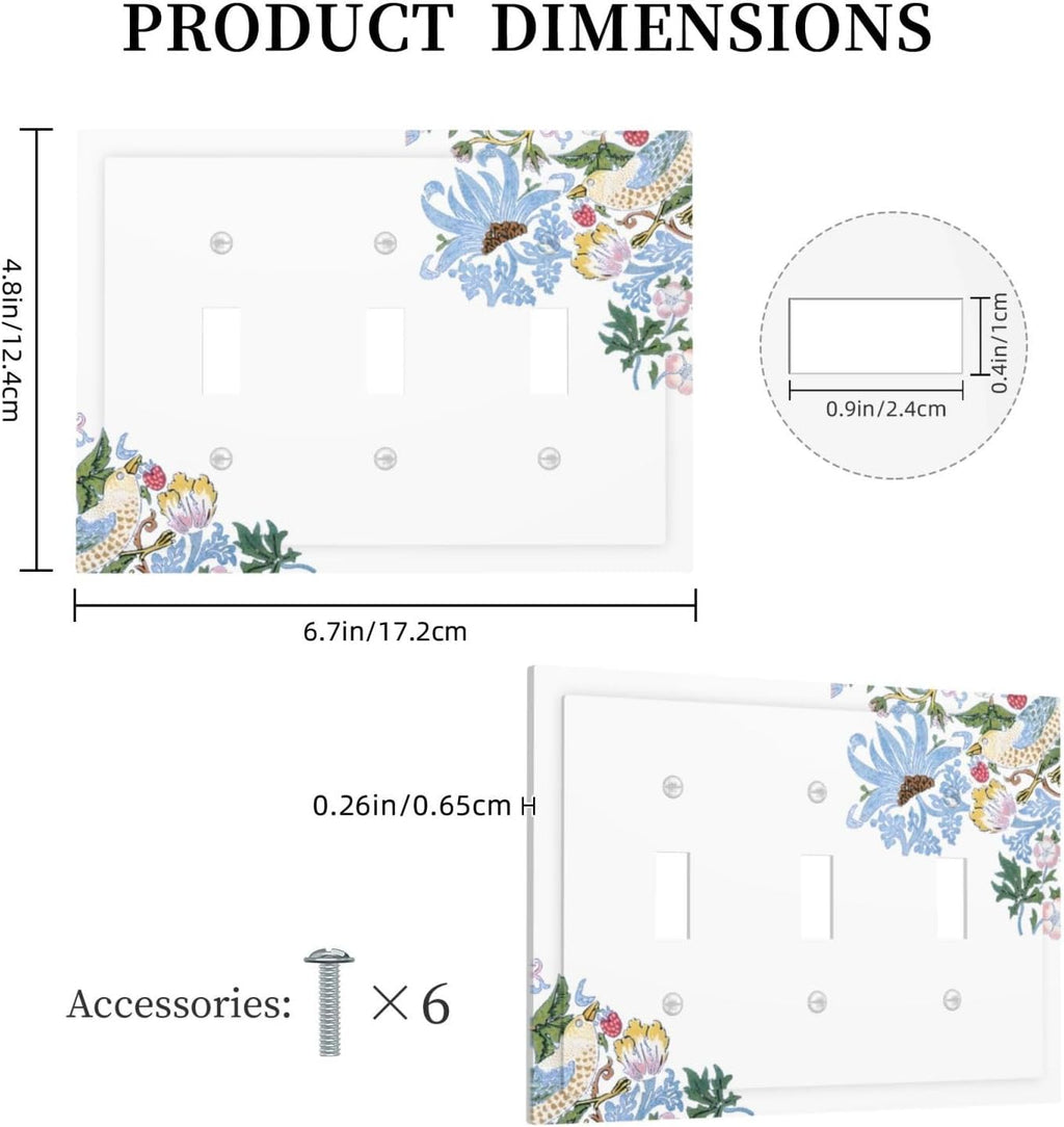 Decorative Light Switch Cover Plate Retro Morris Strawberry Rustic Plant Bird 3 Gang Wall Plate Oversized Triple Toggle Switch Cover Plate Jumbo Faceplate for Bedroom Decor