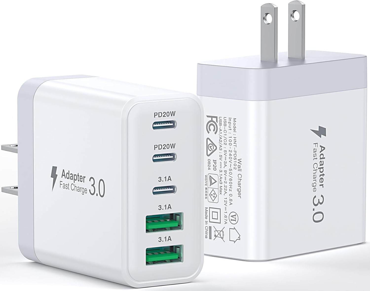 USB C Charger Block, [2-Pack] 60W 5-Port Fast Charger 20W Type C Charging Block 3.1A USB Wall Charger Dual Port PD+QC Charging Cube for iPhone 17 16 15 14 13 12 Pro Max XS, iPad, Samsung Phone, Tablet