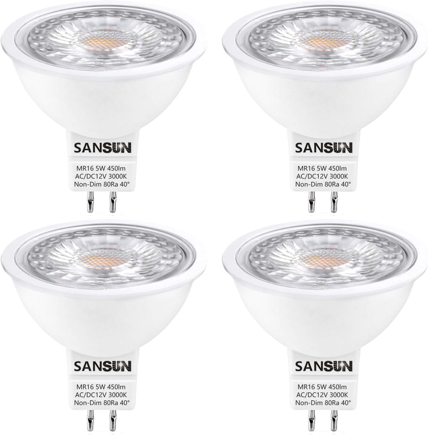 5W MR16 LED Landscape Light Bulbs, Low Voltage 12V Outdoor Landscape Spotlight and Indoor Track Light, GU5.3 Bi-Pin Base, Soft White 3000K, Non-Dimmable, (Pack of 4)