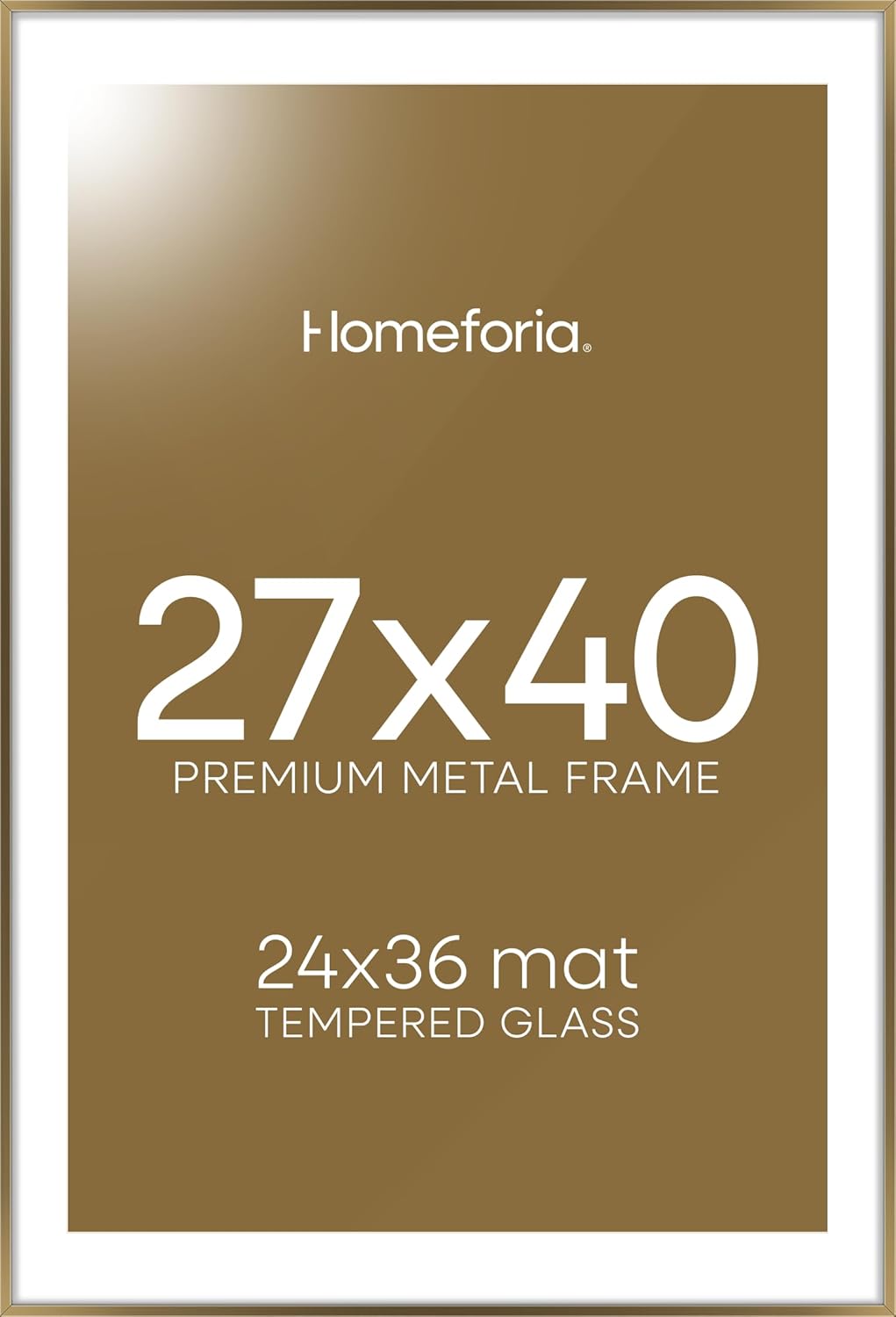 Homeforia 27x40 Picture Bronze Frame, High End Metal 27 x 40 Large Poster Frames with Mat 24 by 36 Photo, 27x40 Brass Movie Frame Matted to 24x36, 40x27 Thin Frames, Tempered Glass, Wall Kit, Set of 1