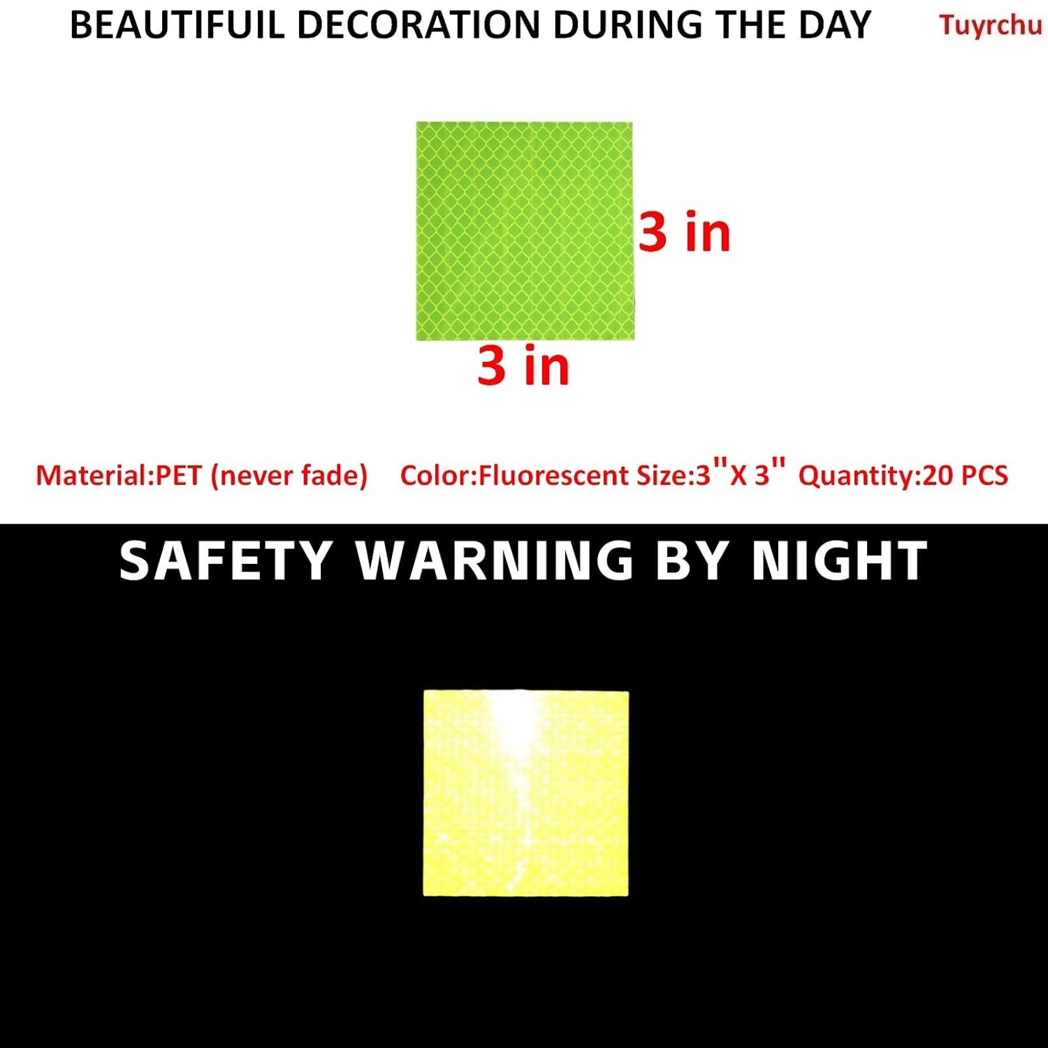 Non Fading Fluorescent Yellow Reflective Stickers 3 inch X 3 inch, Outdoor Waterproof High Visibility Safety Adhesive Reflector (20 Pcs)