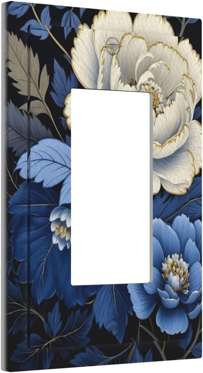 Blue White Flowers Single Decora Outlet Wall Plate 1 Gang Rocker Decorative Switchplate Faceplate GFCI Light Switch Covers for Home Living Decor