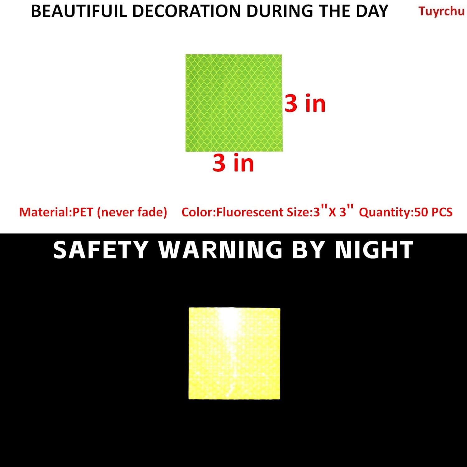 Non Fading Fluorescent Yellow Reflective Stickers 3 inch X 3 inch, Outdoor Waterproof High Visibility Safety Adhesive Reflector (50 Pcs)