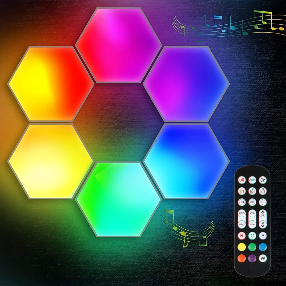 Hexagon LED Wall Light Panels: Smart RGB Color-Changing Hexagon Lights with App & Remote Control, Music Sync Mode, DIY Wall Decor for Bedroom, Gaming Room, Home Theater (6)