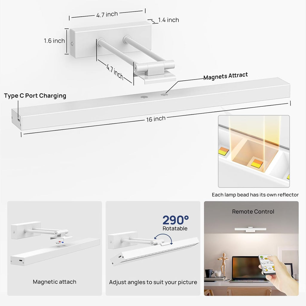 PESUTEN Picture Light Battery Operated, 16in Wireless Art Light for Paintings CCT Dimmable Recharging Wall Art Light with Remote Control for Gallery Dartboard Art Bedroom Bathroom White