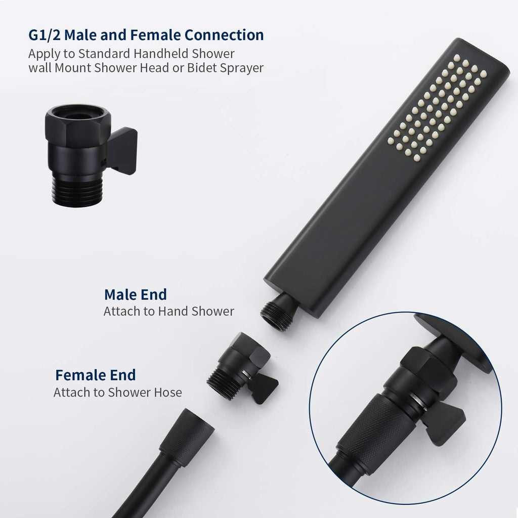 Tenfe Water Flow Control Valve, Brass Shut Off Valve Adjust Water Volume Regulator for Hand Held Shower Head & Bidet Sprayer, Matte Black Water Saver G1/2 Standard Connection