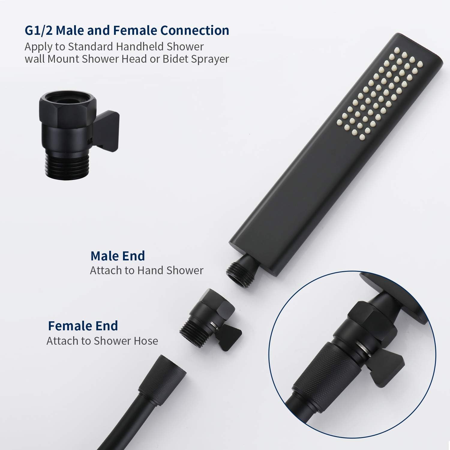 Tenfe Water Flow Control Valve, Brass Shut Off Valve Adjust Water Volume Regulator for Hand Held Shower Head & Bidet Sprayer, Matte Black Water Saver G1/2 Standard Connection
