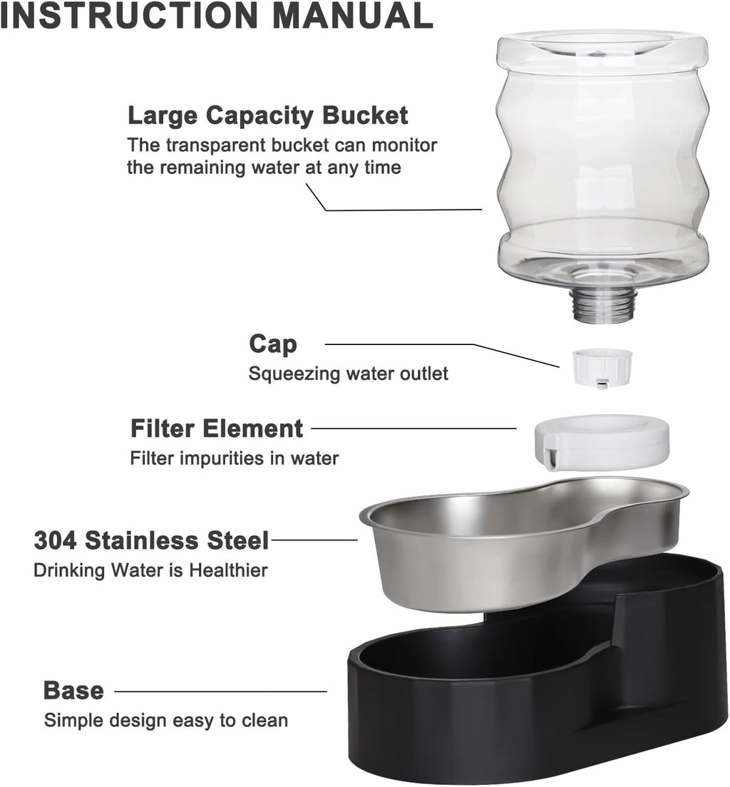 RIZZARI Dog Food Water Dispenser: 4L Large Black Stainless Steel Feeder with Triple Filter -Healthy Hydration for Pets in The Living Room - Garden and Study Room