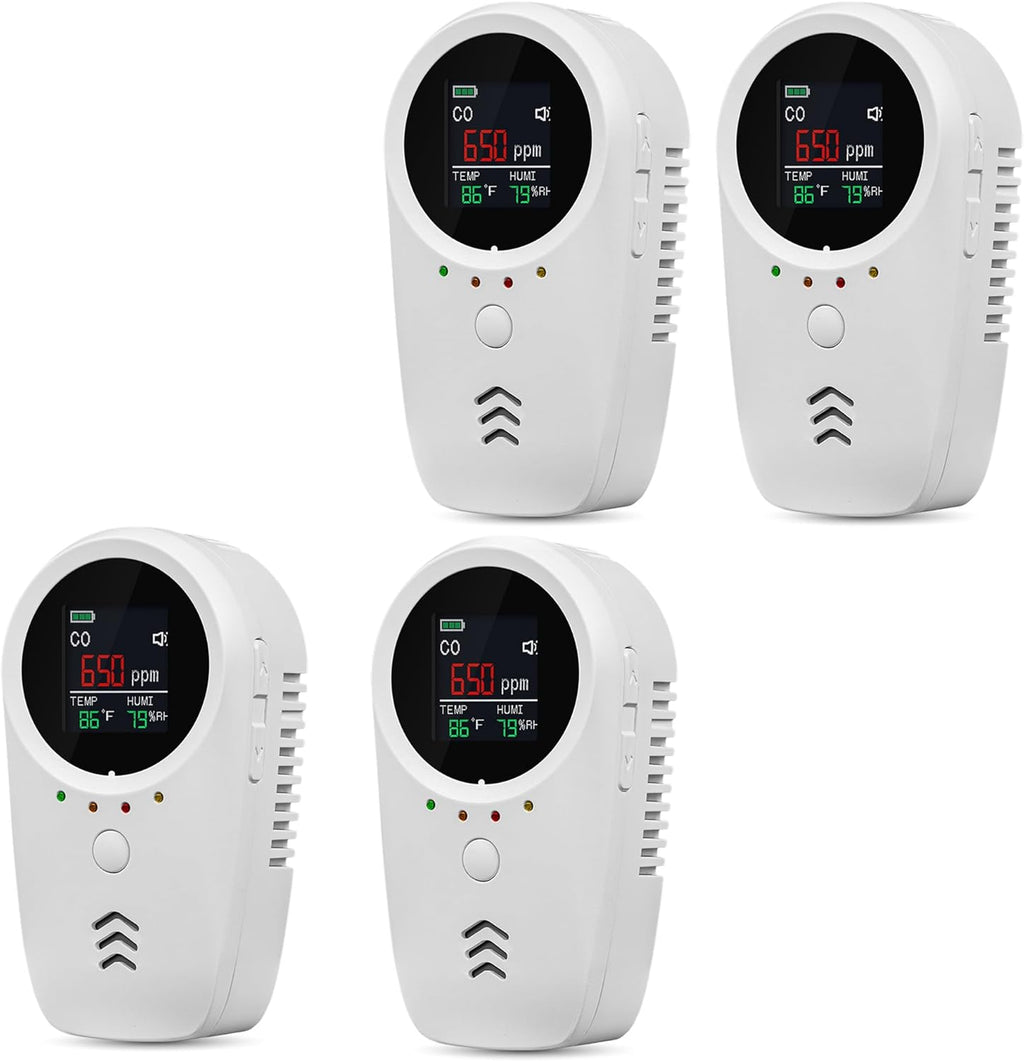 4PCS 5-in-1 Rechargeable Carbon Monoxide & Natural Gas Detectors with Temperature/Humidity LCD Display & 2000mAh Lithium-ion Battery, Portable Plug in Co Detector for Home Travel RV Essentials