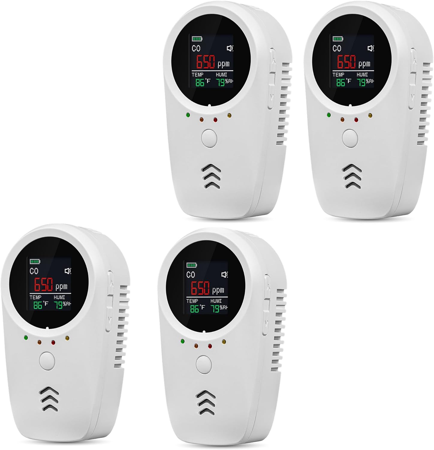 4PCS 5-in-1 Rechargeable Carbon Monoxide & Natural Gas Detectors with Temperature/Humidity LCD Display & 2000mAh Lithium-ion Battery, Portable Plug in Co Detector for Home Travel RV Essentials