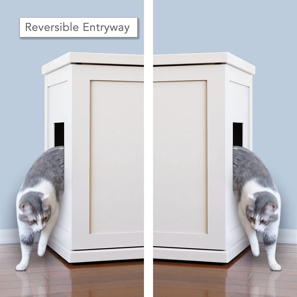 THE REFINED FELINE Cat Litter Box Enclosure Cabinet, Cottage, White, Tulip Feet, XLarge, Hidden Litter Cat Furniture with Drawer