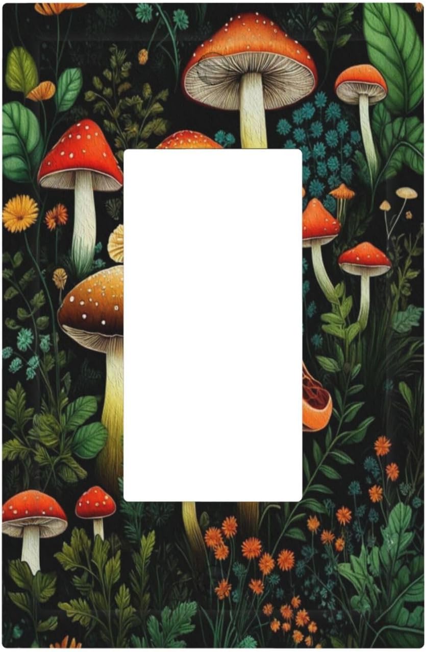 Decorative Outlet Covers Boho Red Mushroom Green Leaf Plants Floral 1 Gang Single Decora GFCI Device Light Switch Covers Plate 1 Rocker Wall Plate Jumbo Switch Cover Plate
