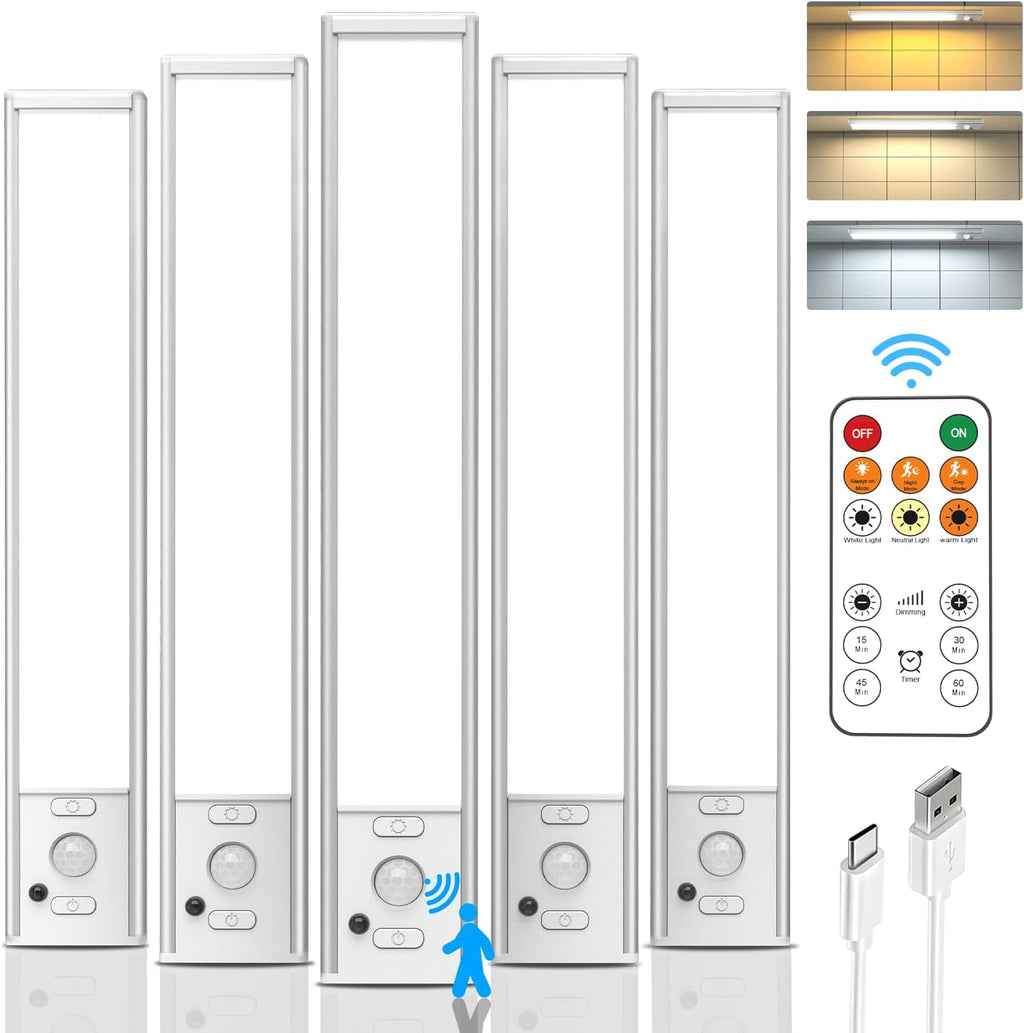 Under Cabinet Lights Wireless,Motion Sensor Light Indoor Closet Lights with Remote Control,3 Color Temps,LED Rechargeable Battery Operated,Under Counter Lights for Kitchen,Wardrobe,Stairs,5 Pack