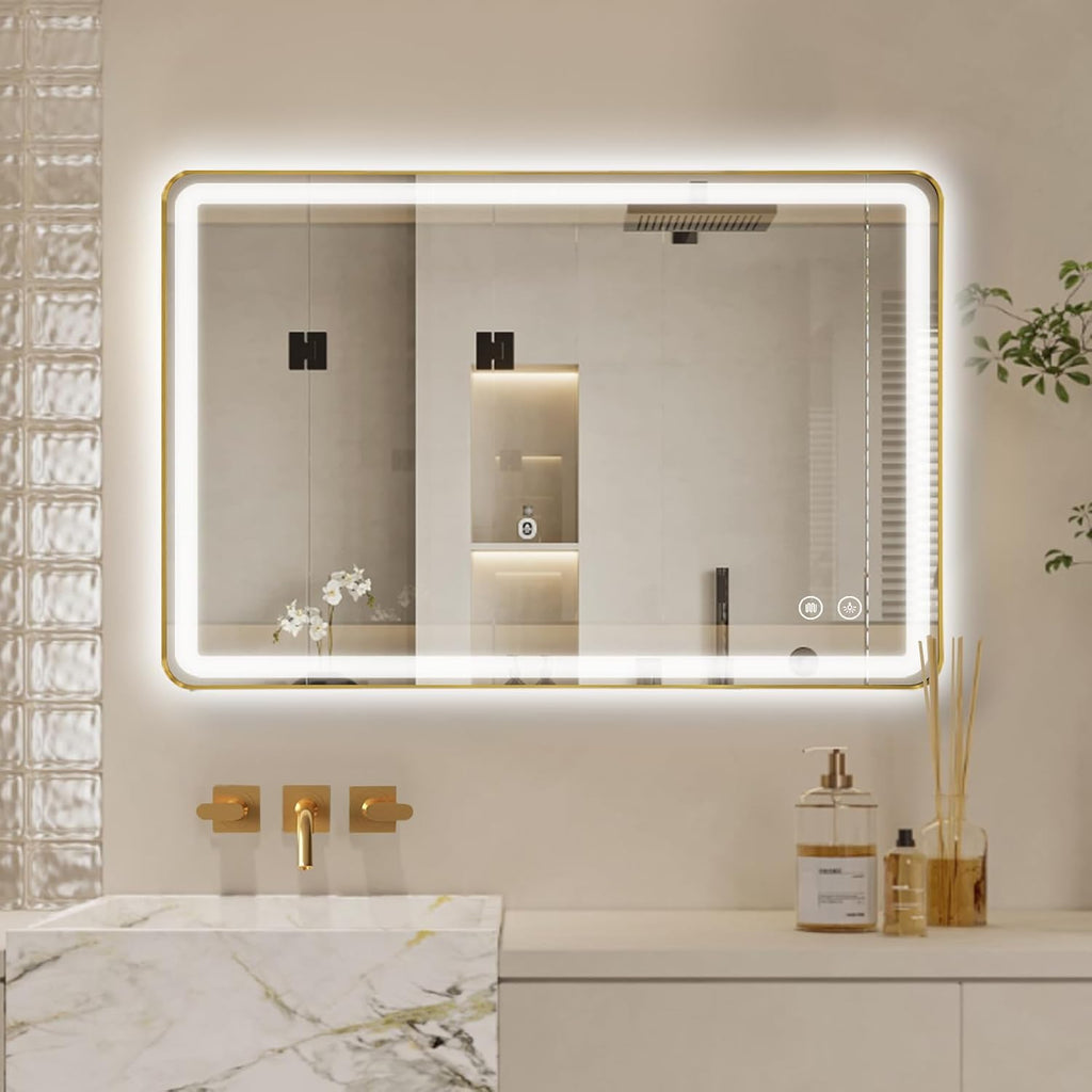 Niccy LED Bathroom Mirror with Lights, 36"x24" Vanity Mirror for Wall Makeup Mirror with Front and Backlit Anti-Fog 3 Colors and Dimmable Light Smart Rectangle Mirror for Bathroom, Gold