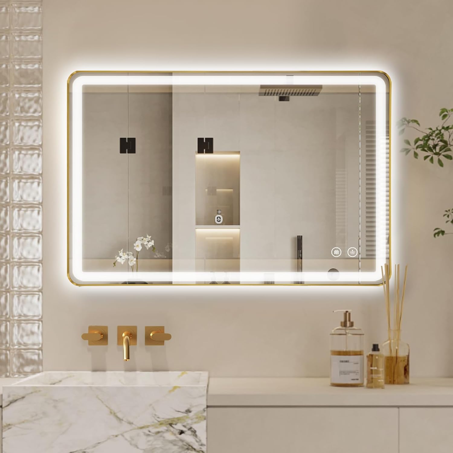 Niccy LED Bathroom Mirror with Lights, 36"x24" Vanity Mirror for Wall Makeup Mirror with Front and Backlit Anti-Fog 3 Colors and Dimmable Light Smart Rectangle Mirror for Bathroom, Gold