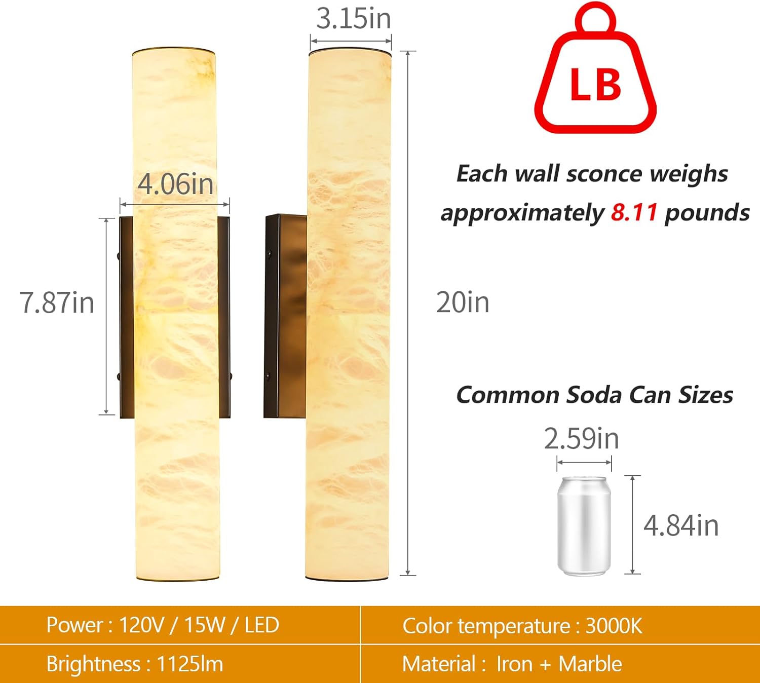 LMQNINE Natural Alabaster Wall Sconces Set of Two Spanish Marble Wall Light Cylinder Modern Black LED Sconce for Living Room Bedroom Bathroo Stairs（S-2Pack）
