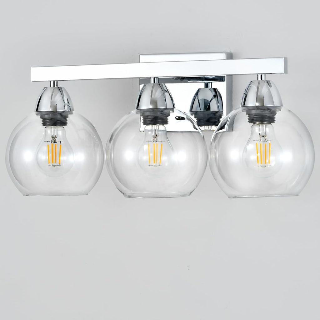 Bathroom Light Fixtures, 3-Light Silver Vanity Light with Hand-Blown Thick Glass Shades, High Transparency & Few Flaws, Wall Sconce for Mirror, Kitchen, Bedroom