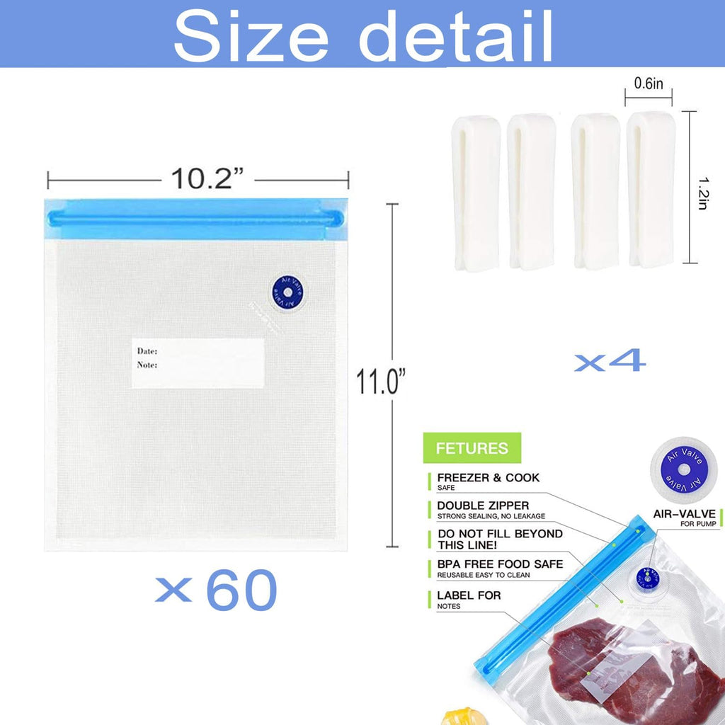 Sous Vide Bags 60pcs Reusable Vacuum Sealer Bags with 4 Sealing Clips, Reusable Vacuum bags for Food Storage and Sous Vide Cooking (10.2x11 Inch)