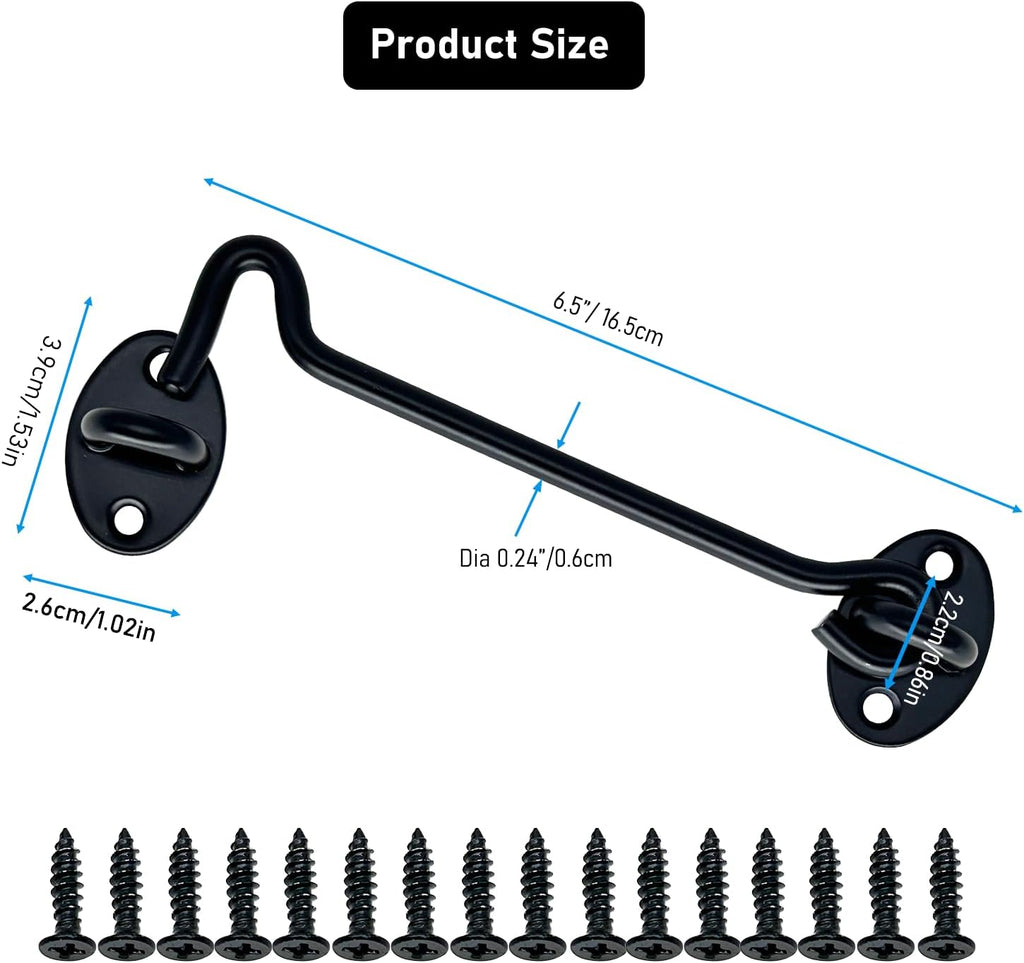 4-Pack 6Inch Door Lock Gate Latch Premium Stainless Steel Hook and Eye Gate Latch Cabin Hook with 16pcs Screws, Black