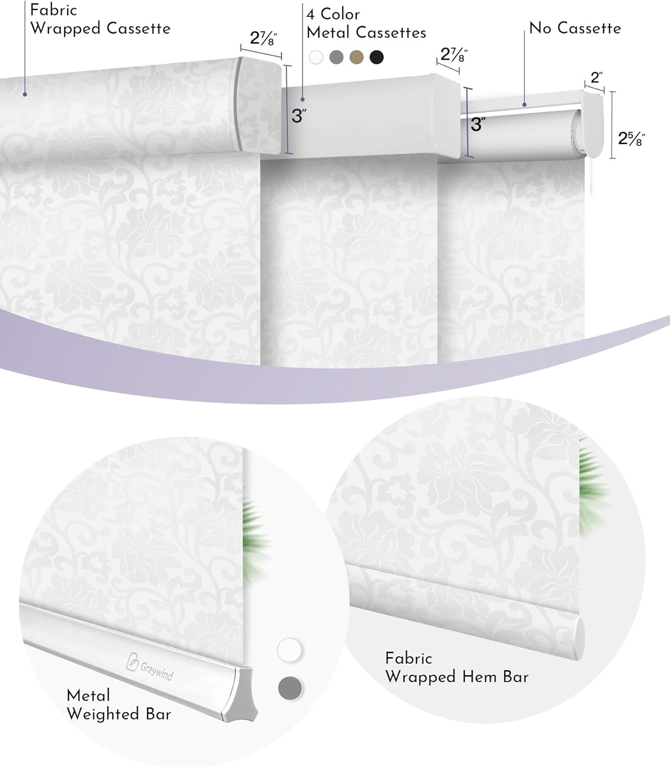Graywind Smart Blackout Roller Shades Work with Alexa Google Patterned Textured Fabric Rechargeable Motorized Blinds Cordless Remote Control Window Shades, Custom Size (Floral Jacquard White)