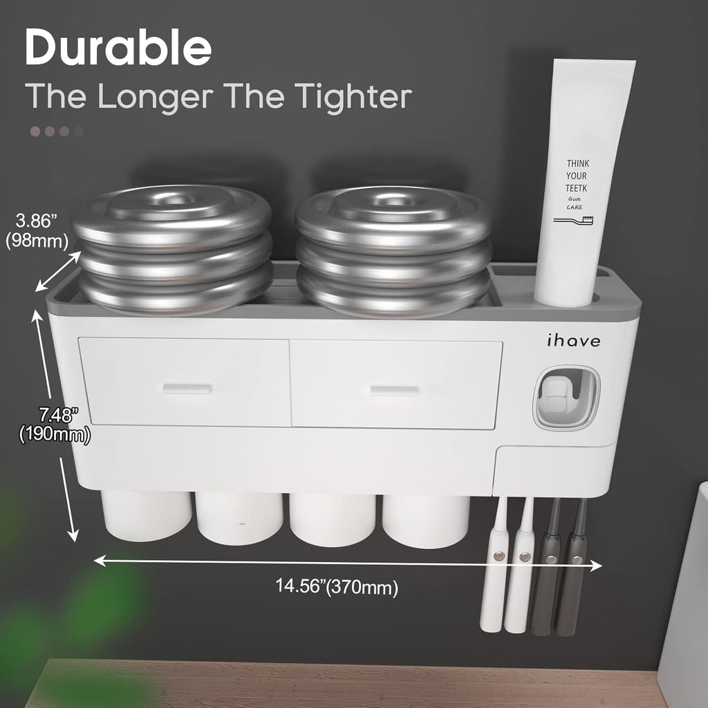 iHave Toothbrush Holders for Bathrooms, 4 Cups Toothbrush Holder Wall Mounted with Toothpaste Dispenser - Large Capacity Tray, 2 Cosmetic Drawer - Bathroom Organizer & Bathroom Accessories Set
