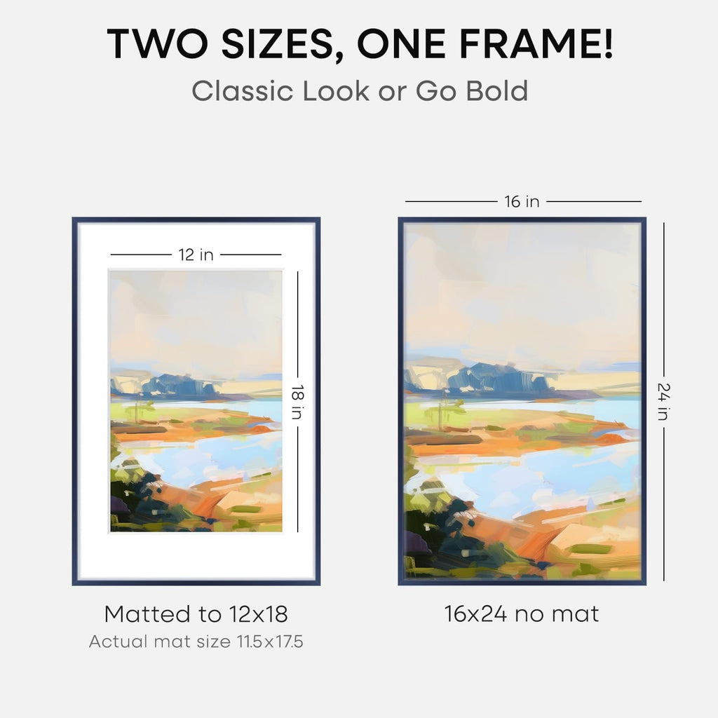 Homeforia 16x24 Navy Blue Picture Frame, High End Metal 16x24 Poster Frames with Mat 12x18 inch Photo, 16 x 24 Navy Blue Frame Matted to 12 by 18 Print, 24x16 Frame, Tempered Glass, Wall Kit, Set of 1
