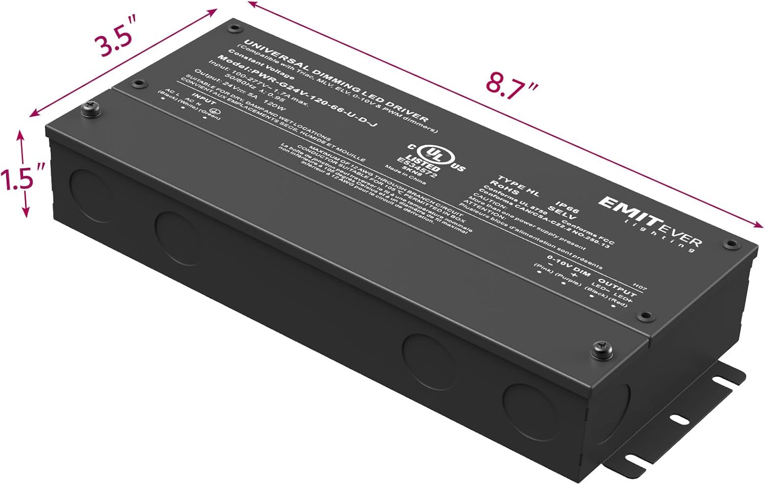EMITEVER 120W Dimmable LED Driver, 24V Triac Dimmable Power Supply, AC to DC Transformer for LED Light, Compatible with Lutron and Leviton Dimmer, Waterproof IP67 and UL Listed