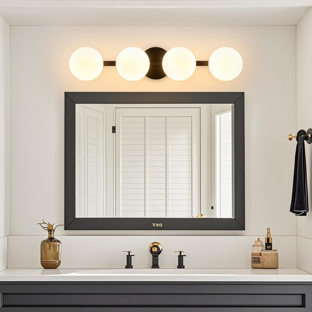Bathroom Vanity Mirror Light Fixtures: 4 Lights Bath Wall Sconce Lighting - Black Vanity Lights with Milk Glass Shade - Modern Minimalist Makeup Light Fixture above Mirror for Hallway Bedroom E26 Base