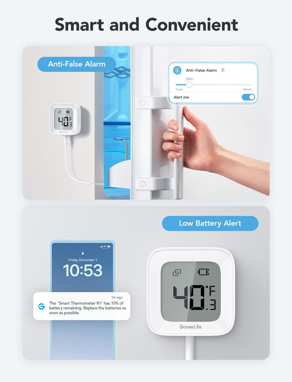 GoveeLife Freezer Thermometer Alarm 2 Pack, Smart Bluetooth Temperature Monitor Sensor for Refrigerator Hot Hub, 197 Ft Connecting Range APP Alert with Anti-False Freezer (WiFi Gateway Not Included)