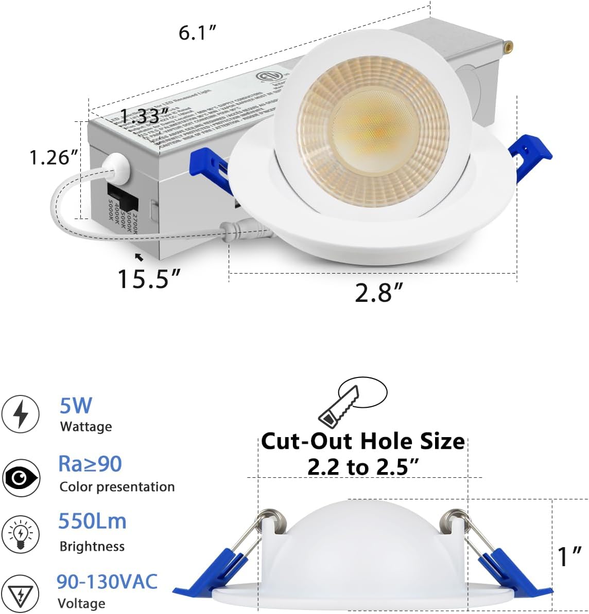 Adetu 2 Inch 5CCT Gimbal Led Recessed Lighting with Junction Box, 360°+90° Adjustable Recessed Can Lights, 2700K/3000K/3500K/4000K/5000K Selectable, 5W Eqv 50W, 550LM Brightness - ETL (White,6 Pack)