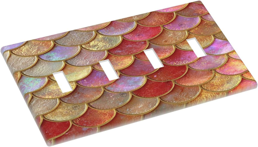 Mermaid Glitter Scale Rainbow Gold Fish Scales Light Switch Covers Quad Toggle Electrical Faceplate 4 Gang Wall Plate Decorative Switch Plates for Bed Room Home Decor