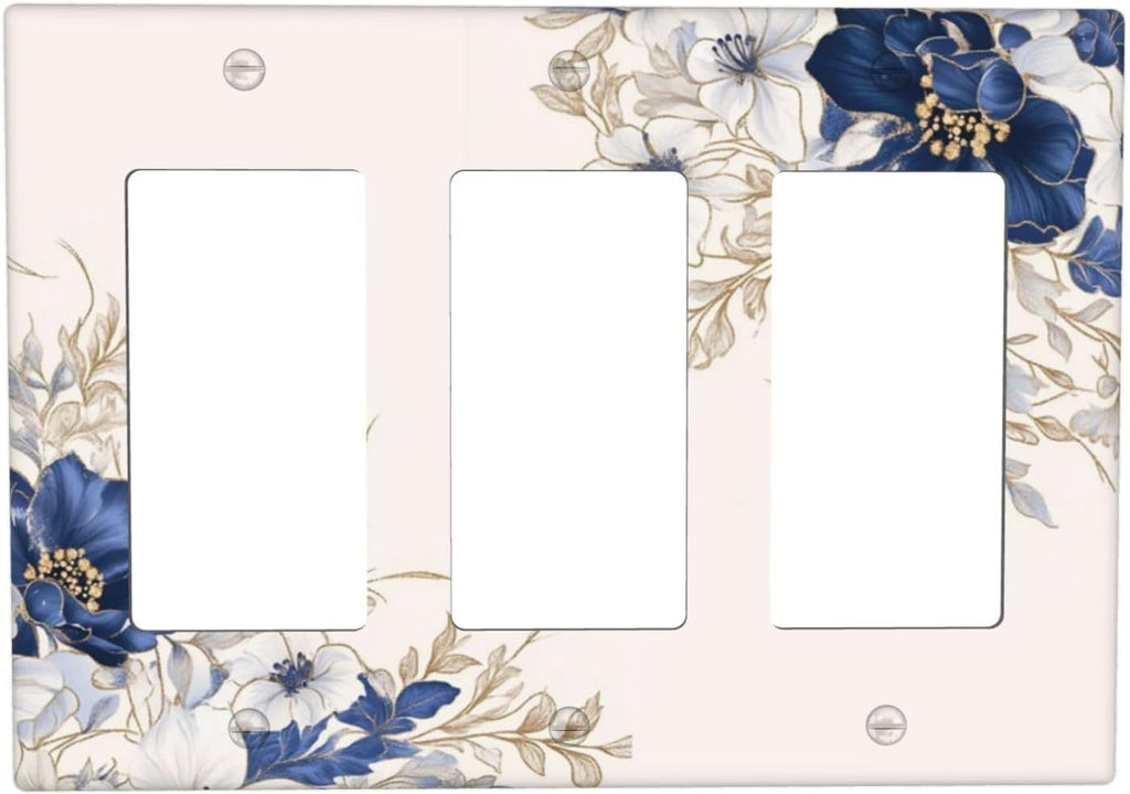 Decorative Outlet Covers Rustic Blue Beige Flower Peony Floral 3 Gang Light Switch Cover Plate Triple Rocker Wall Plates for Electrical Outlets Switch Plate Covers for Bedroom Home Decor