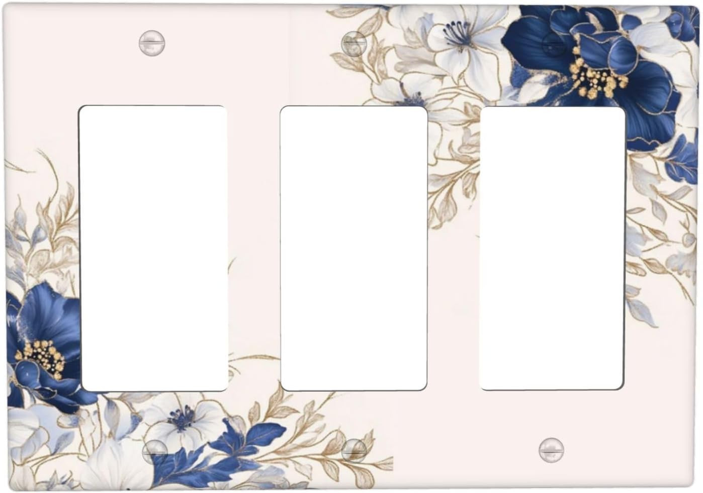 Decorative Outlet Covers Rustic Blue Beige Flower Peony Floral 3 Gang Light Switch Cover Plate Triple Rocker Wall Plates for Electrical Outlets Switch Plate Covers for Bedroom Home Decor