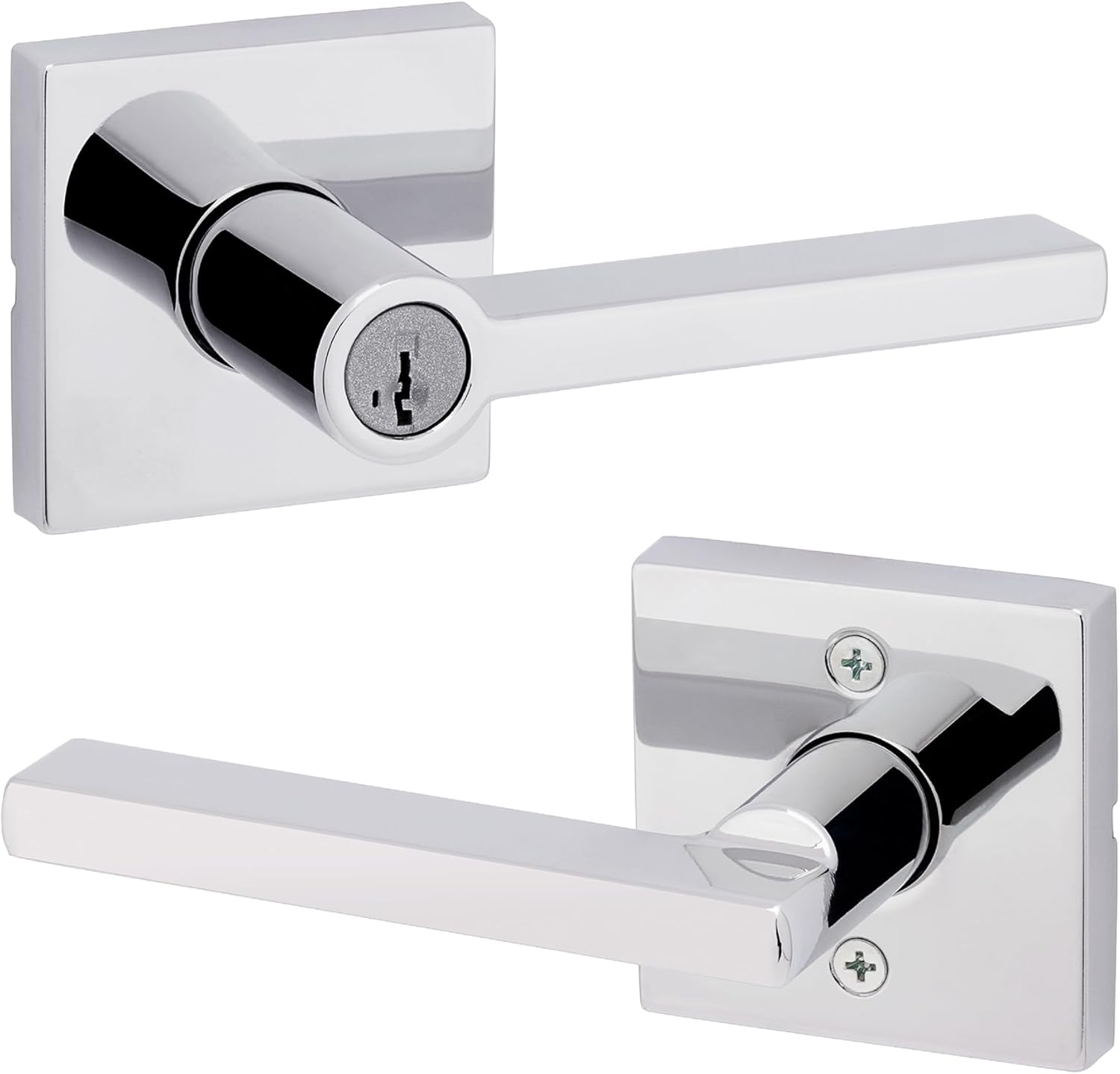 Kwikset Halifax Keyed Storeroom Entry Door Handle with Lock and Key, Secure Keyed Reversible Lever Exterior, for Front Entrance and Bedrooms, Polished Chrome, Pick Resistant Smartkey Rekey Security
