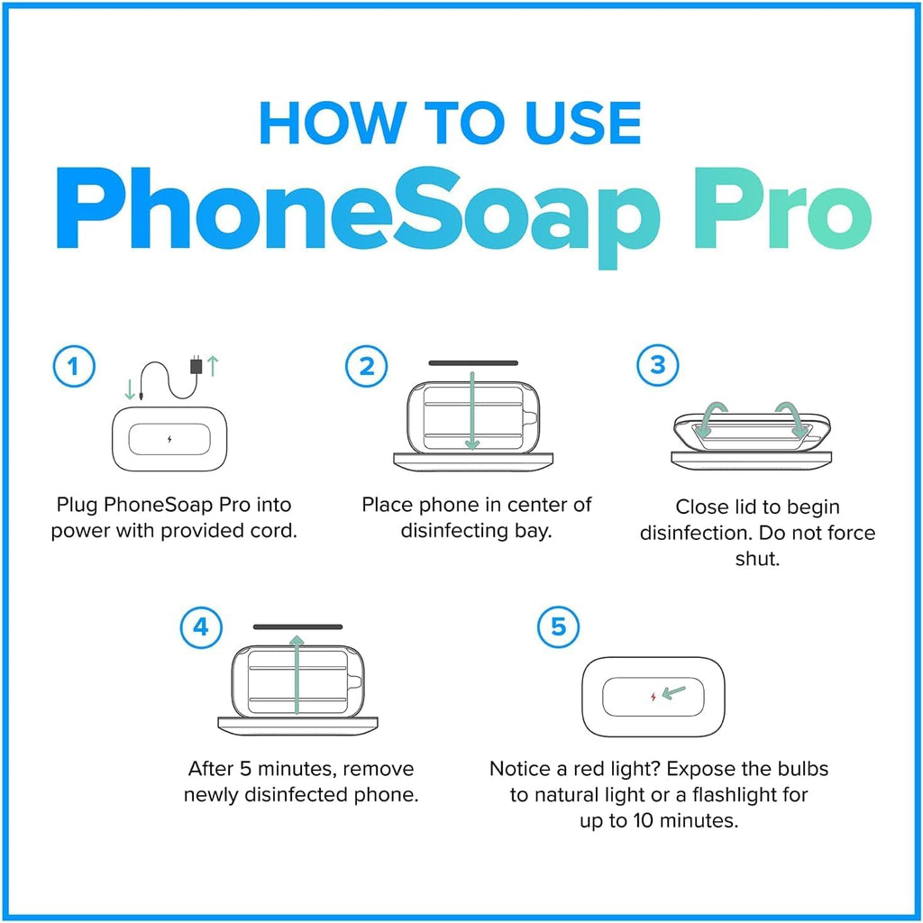 PhoneSoap Pro UV Smart Phone Sanitizer & Universal Cell Phone Charger Box | Patented & Clinically Proven 360-Degree UV-C Disinfection | Disinfects and Charges All Phones (White)