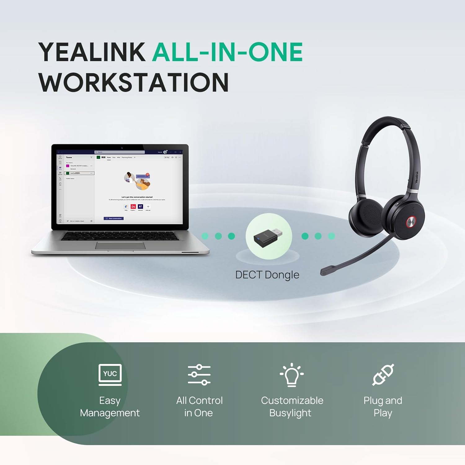 Yealink WH62 Portable Wireless Headset with DECT Dongle, 393 ft,Teams, Zoom Skype Certified, Office Work Headphones with 2X Noise Cancelling Mic, 13H Call Time, (Computer, Desk Phone)