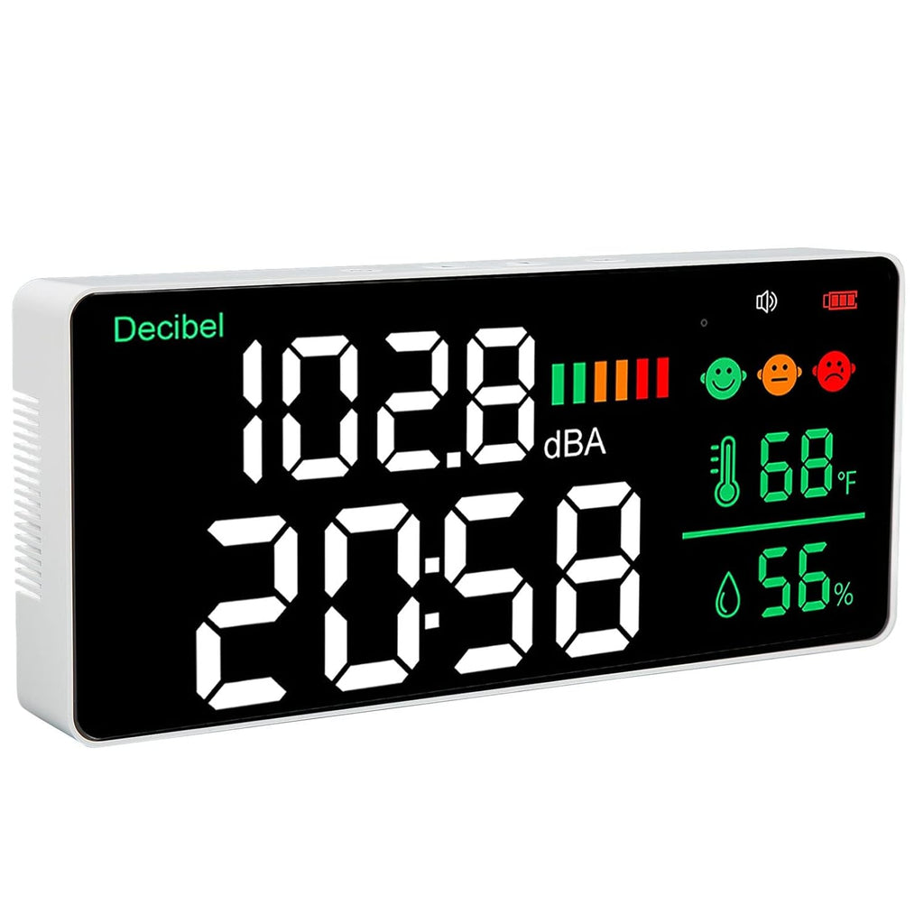 Decibel Meter 11 Inch LED Screen, Wall Mounted Sound Level Reader 30 to 130db, Time Temperature Humidity Display - Sensor, Adjustable Brightness, Ideal for Noise