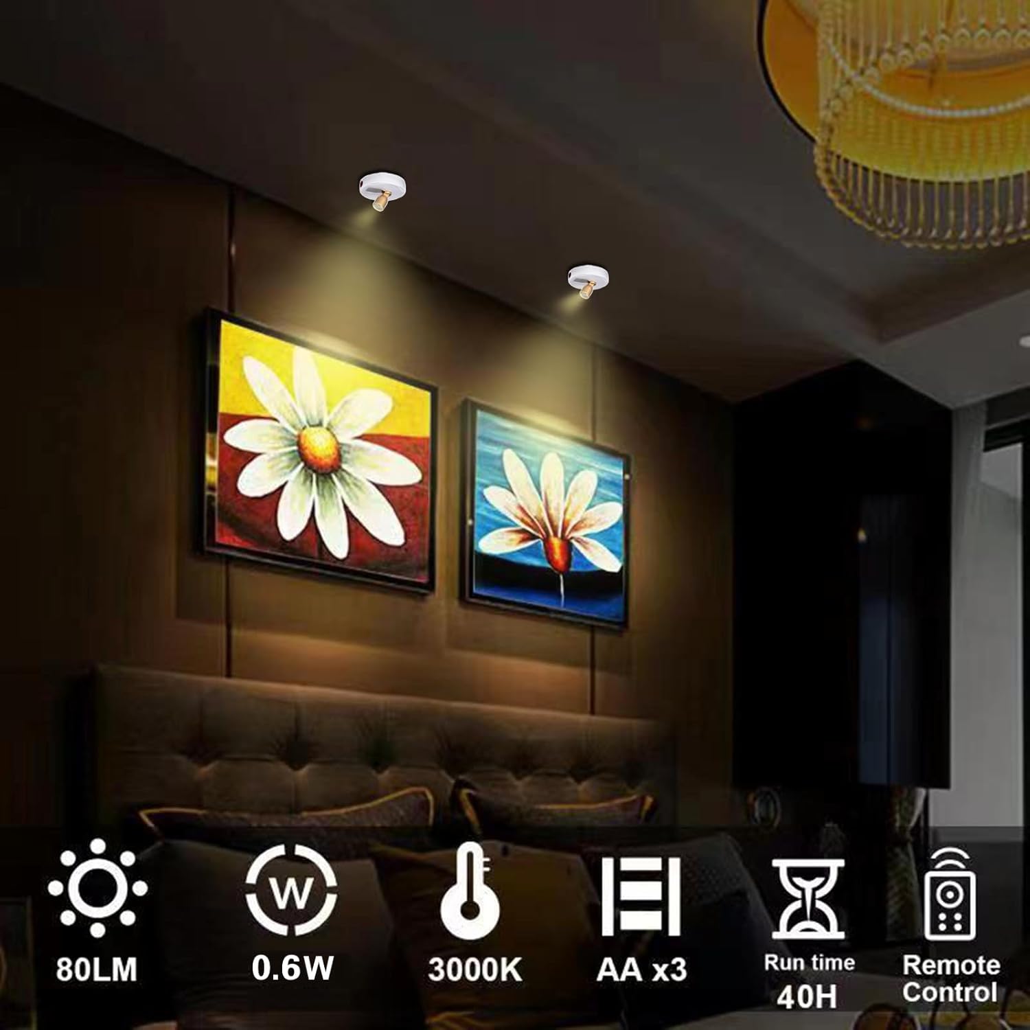 LED Spotlight, Battery Powered Picture Lights, Uplighting Indoor, Puck Lights with Remote, Stick Spot Light for Wall Display Picture Dartboard Painting Artwork Accent Closet-4Pack