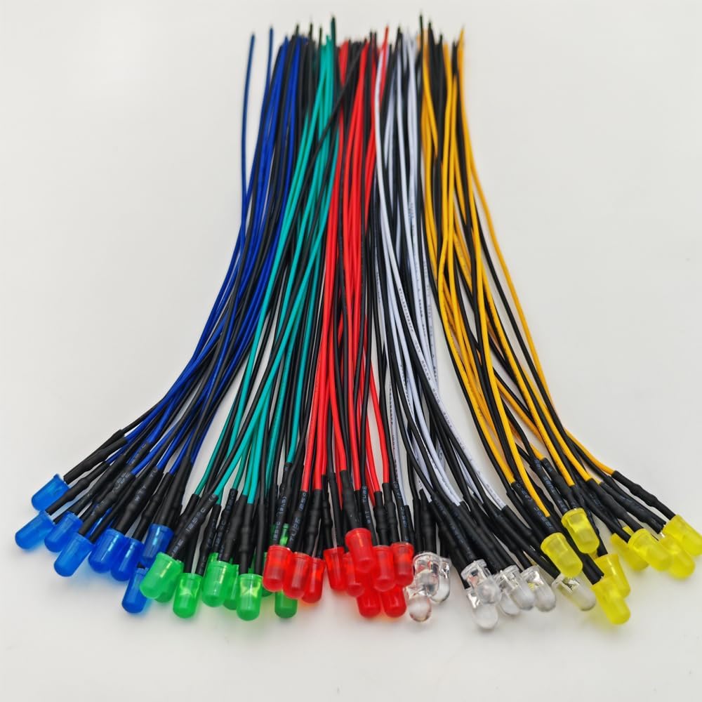 50pcs 110VAC 5mm LED Lights, Prewired 7.9 Inch V LED, Red/Yellow/Green/Blue/White