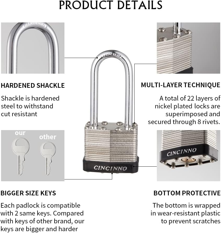 40mm Keyed Alike Nickel Plated Laminated Steel Padlock, 1-9/16" Wide Body 2-inch Long Shackle Padlocks with Keys Pack of 12