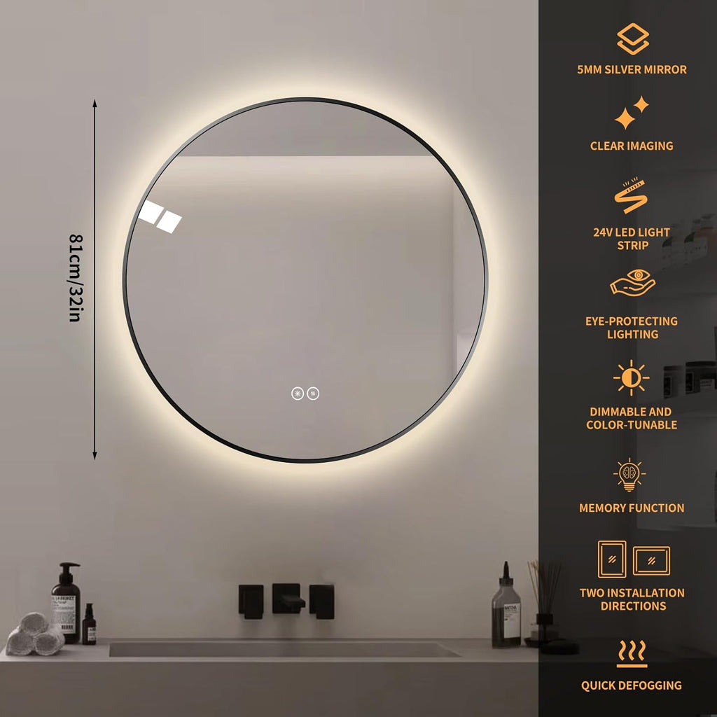 Round LED Bathroom Mirror with Gold Frame, 24V Backlight, 3 Color Temperatures, Dimmable, Memory Function, Defogging (Black Border, 32" L x 32" W)