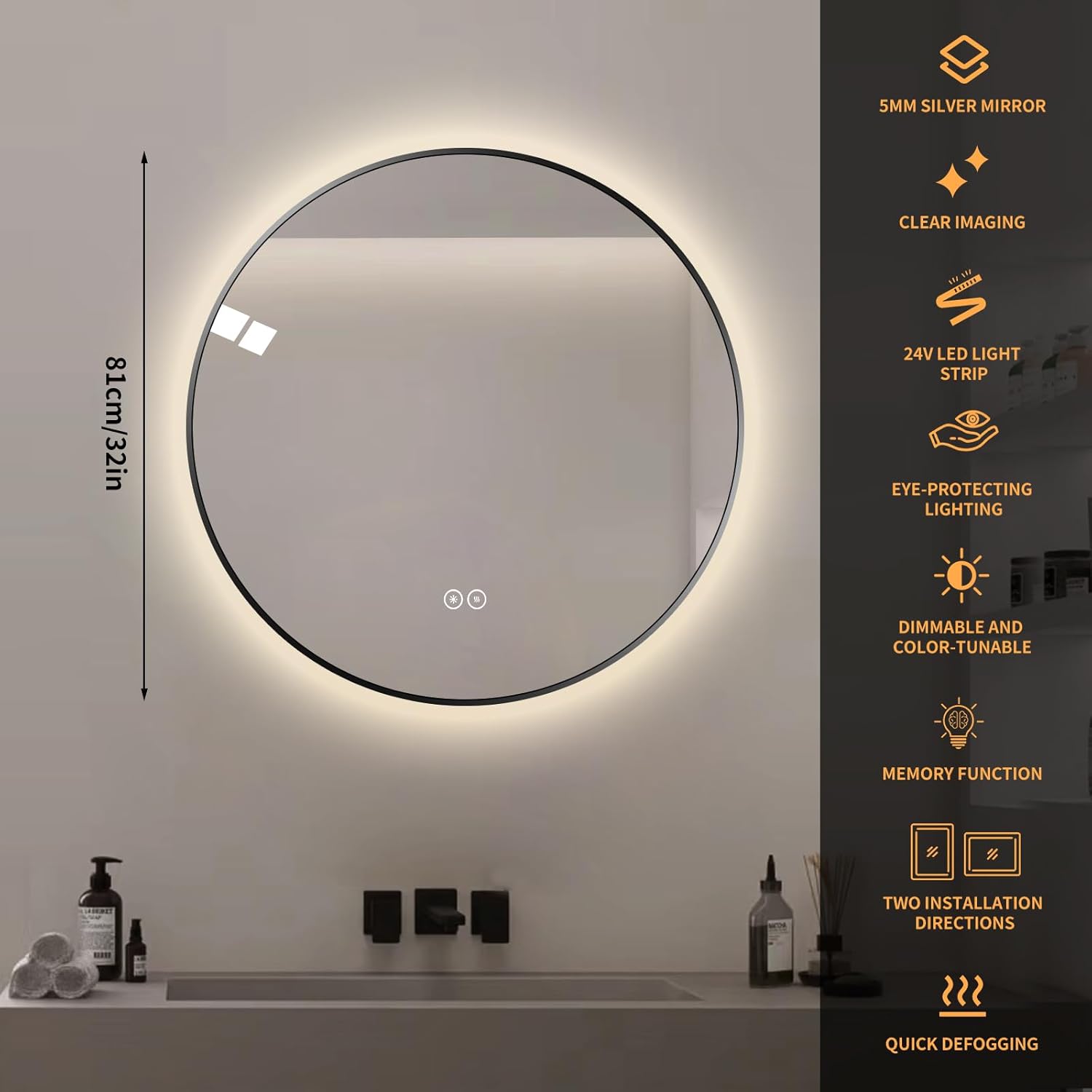 Round LED Bathroom Mirror with Gold Frame, 24V Backlight, 3 Color Temperatures, Dimmable, Memory Function, Defogging (Black Border, 32" L x 32" W)