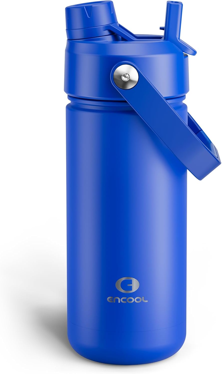 ENCOOL Insulated Water Bottle with Straw Stainless Steel Water Bottle, Leak-Proof, BPA-Free, Double Wall Vacuum Keeps Cold for 24 Hours for Sports, Travel, School (18 oz, Royal Blue)