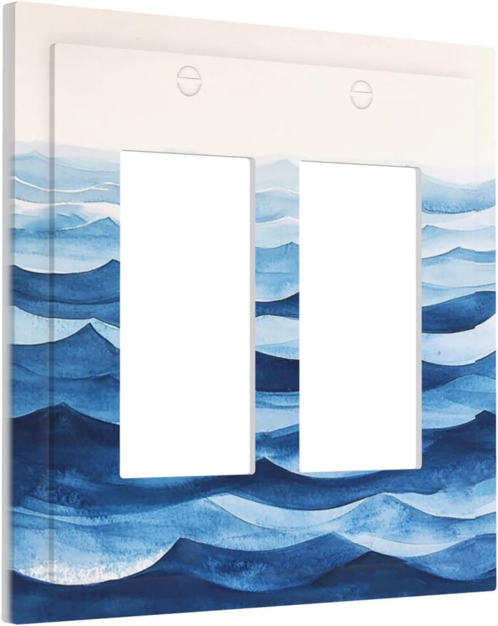 Decorative Outlet Covers Blue Watercolor Textured Abstract Ocean Wave 2 Gang Double Rocker Light Switch Cover Plate Electrical Switch Plate Cover Decorate GFCI Wall Plate for Bedroom living Room Decor