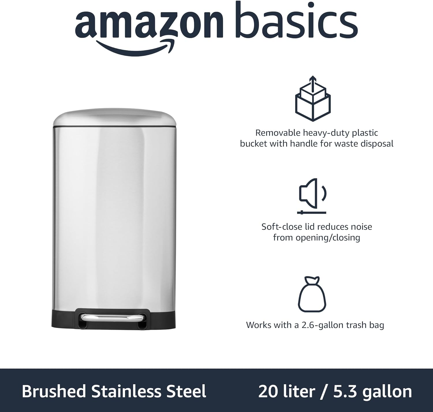 Amazon Basics Rectangular Small Trash Can with Lid and Soft-Close Foot Pedal for Bathroom, Bedroom, Living Room, Office, Smudge Resistant, 20l / 5.3 gallon, Nickel