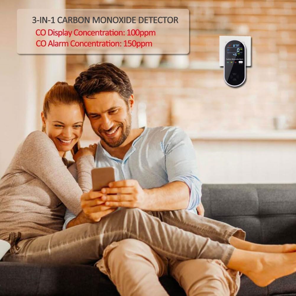 Carbon Monoxide Detector Plug in Wall, WESHLGD Portable Carbon Monoxide Detector for Travel, 3-in-1 CO Detector for Home and Travel Camping(CO Gas Meter Temperature Humidity Sensor), KH106, Black