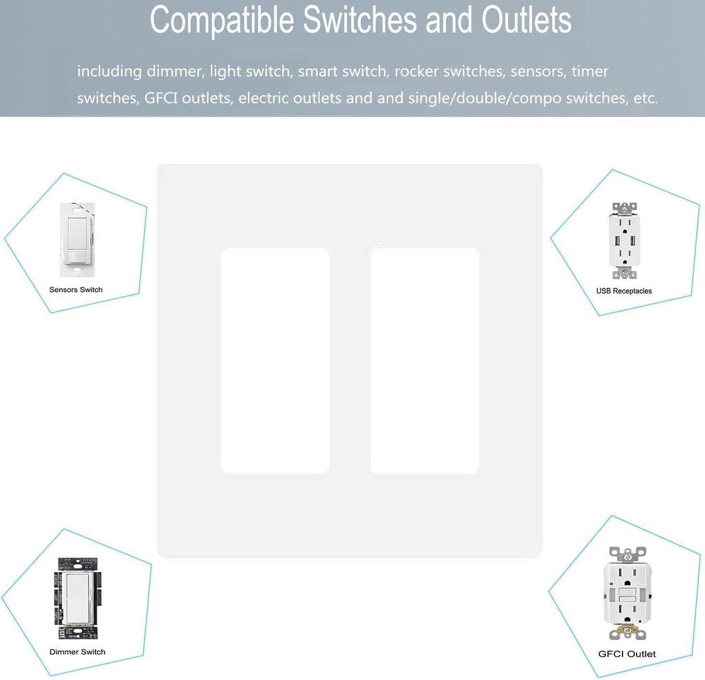 2-Gang Screwless Decorator Wall Plate Cover Double Switch Outlet Electrical Faceplate for Light Switch, Smart Switch, Receptacle, Dimmers, USB Outlet, GFCI, Child Safe Cover Plate, White (4-Pack)