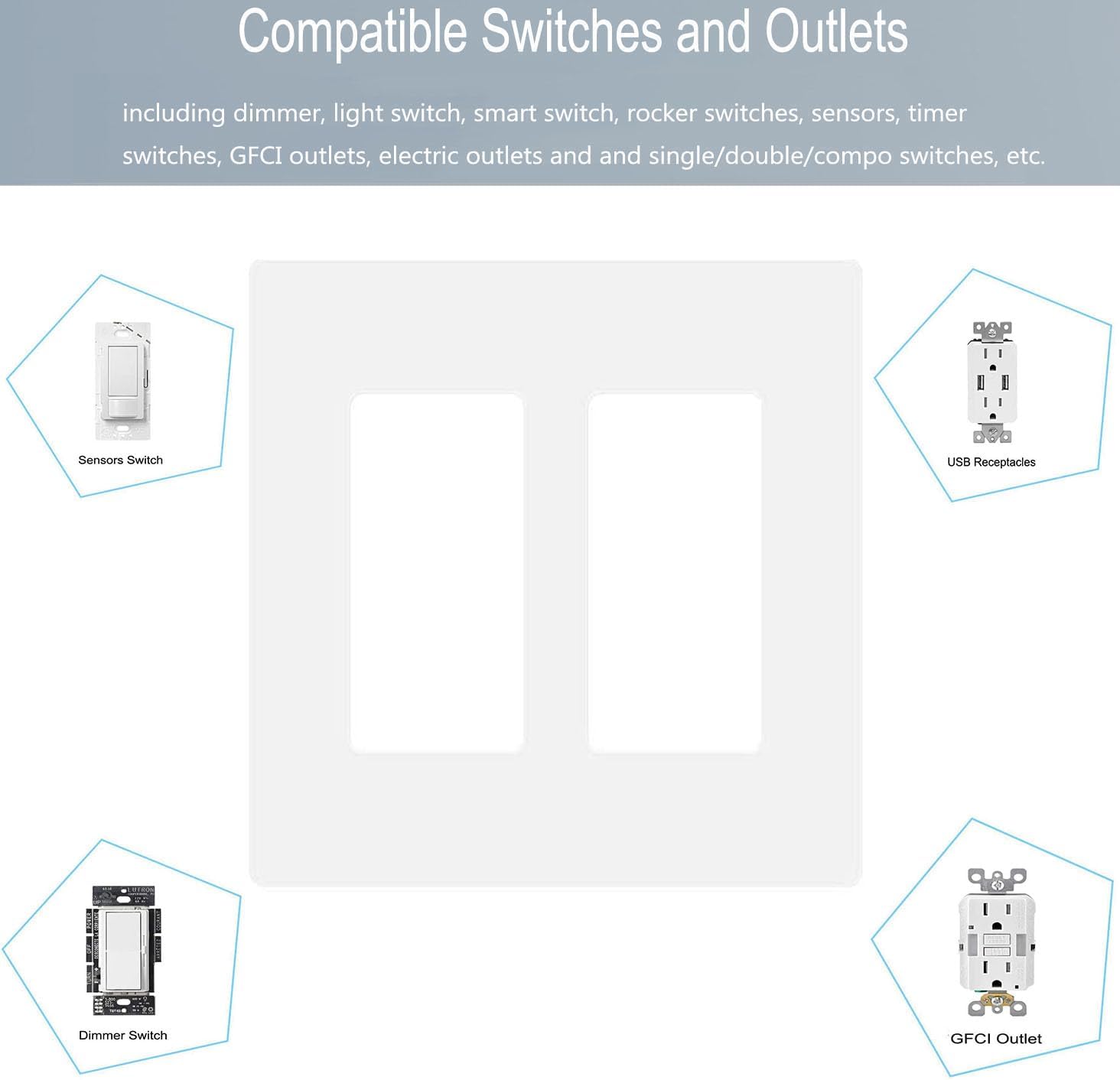2-Gang Screwless Decorator Wall Plate Cover Double Switch Outlet Electrical Faceplate for Light Switch, Smart Switch, Receptacle, Dimmers, USB Outlet, GFCI, Child Safe Cover Plate, White (4-Pack)