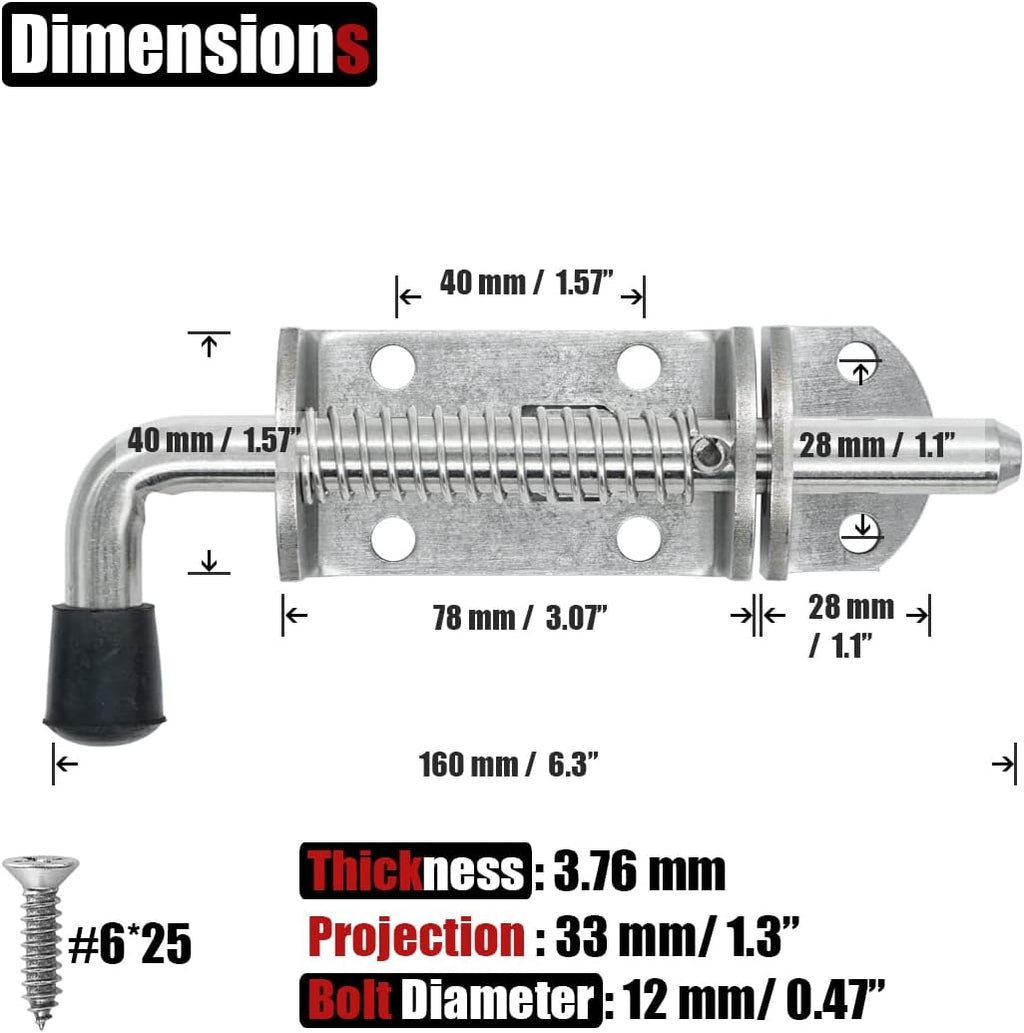 JQK Spring Loaded Barrel Bolt Latch, Heavy Duty 304 Stainless Steel Thickened 3mm Door Lock, 6.3 Inch Brushed Finished, HSB410-P2
